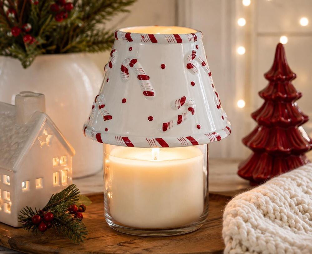 Vintage Ceramic Candy Cane Jar Shade, Red White Holiday Candle Decor